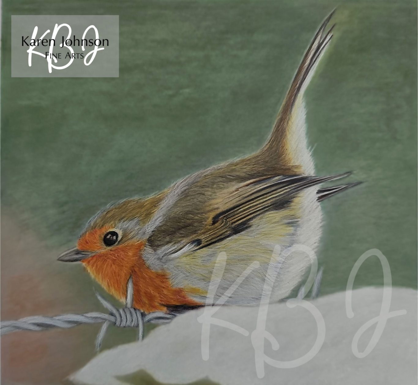 pencil drawing of a robin sitting on barbed wire in the snow