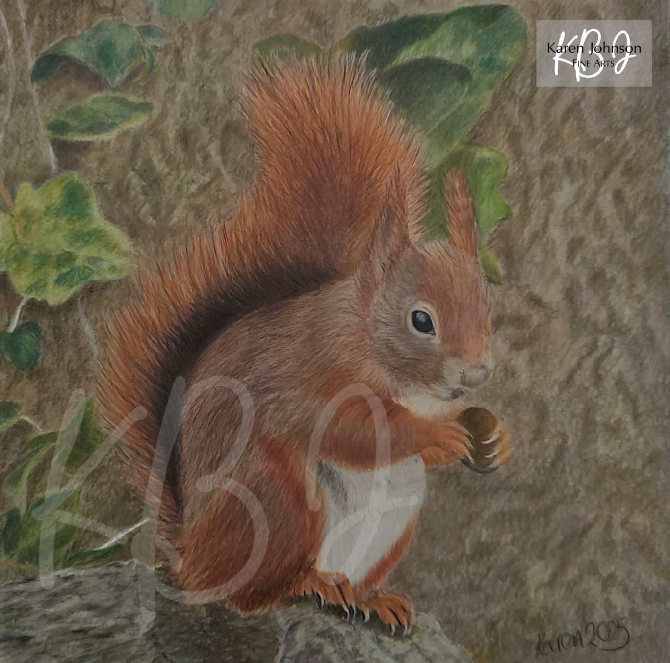 Pencil drawing of a red squirrel in front of a tree trunk